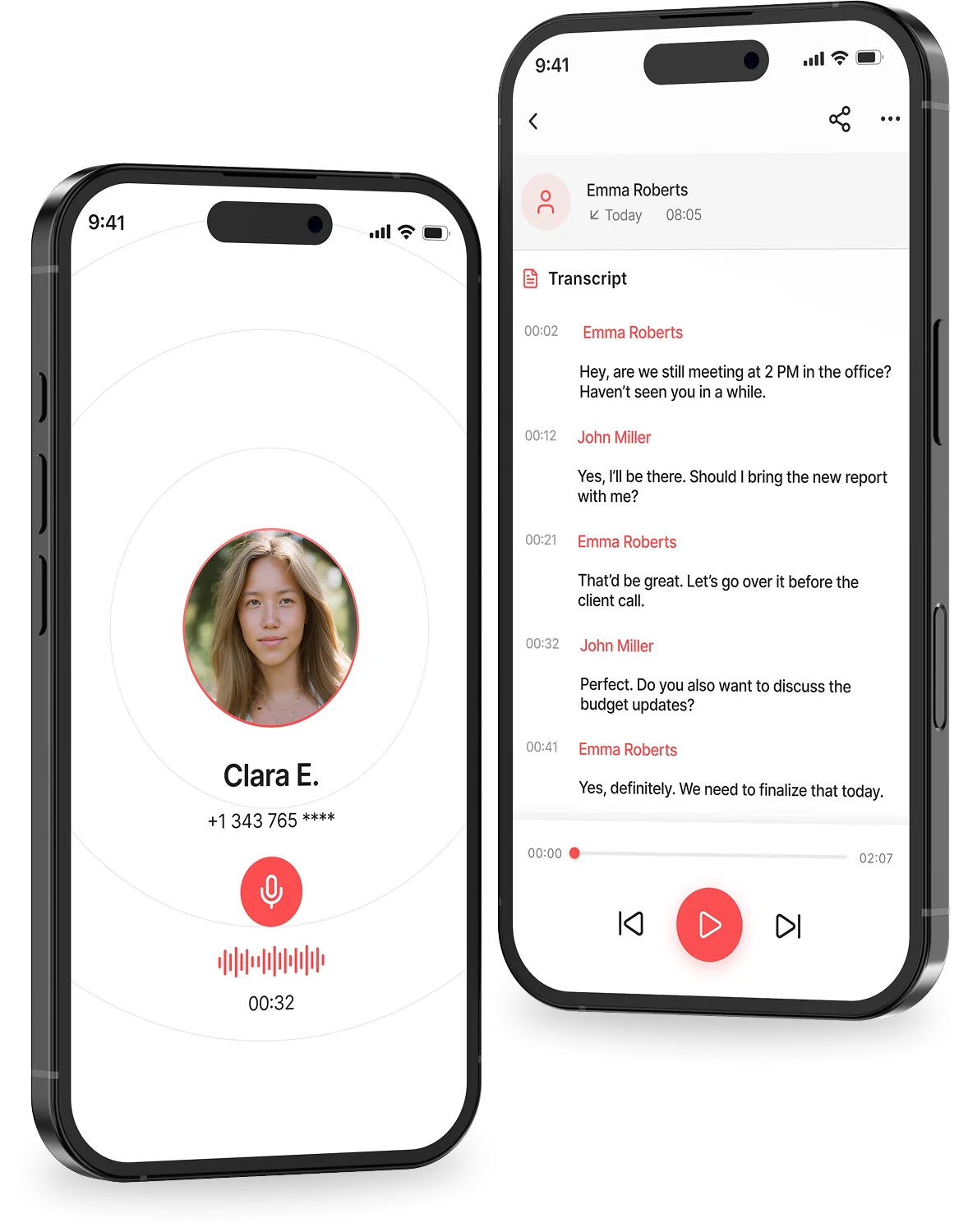 Mobile app interface showing a recording with transcription and notes.